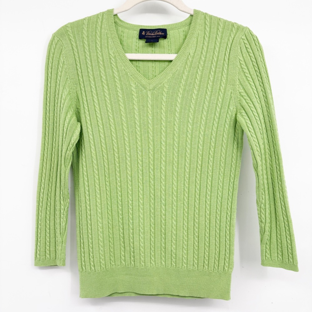 Brooks Brothers Womens Silk Cashmere Cable Knit Preppy V-Neck Sweater Green M